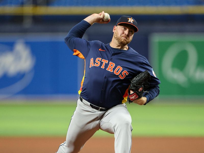 Aug 12, 2024; St. Petersburg, Florida, USA; Houston Astros pitcher Kaleb Ort (63) throws a pitch against the Tampa Bay Rays in the ninth inning at Tropicana Field. Mandatory Credit: Nathan Ray Seebeck-USA TODAY Sports