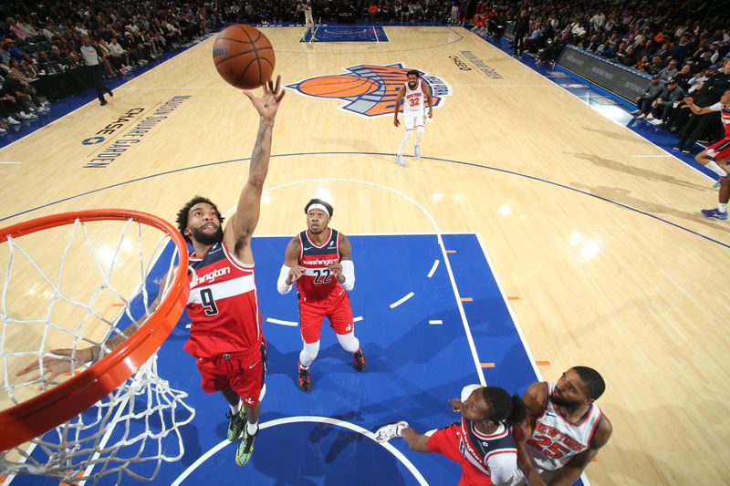 NEW YORK, NY - OCTOBER 9: Justin Champagnie #9 of the Washington Wizards goes up for the rebound during the game against the New York Knicks during the 2024 NBA Preseason on October 9, 2024 at Madison Square Garden in New York City, New York.  NOTE TO USER: User expressly acknowledges and agrees that, by downloading and or using this photograph, User is consenting to the terms and conditions of the Getty Images License Agreement. Mandatory Copyright Notice: Copyright 2024 NBAE  (Photo by Nathaniel S. Butler/NBAE via Getty Images)