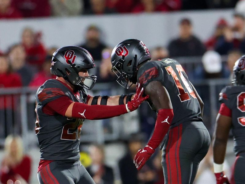 Nov 11, 2023; Norman, Oklahoma, USA;  Oklahoma Sooners linebacker Kip Lewis (10) celebrates with Oklahoma Sooners linebacker Danny Stutsman (28) during the first half against the West Virginia Mountaineers at Gaylord Family-Oklahoma Memorial Stadium. Mandatory Credit: Kevin Jairaj-USA TODAY Sports