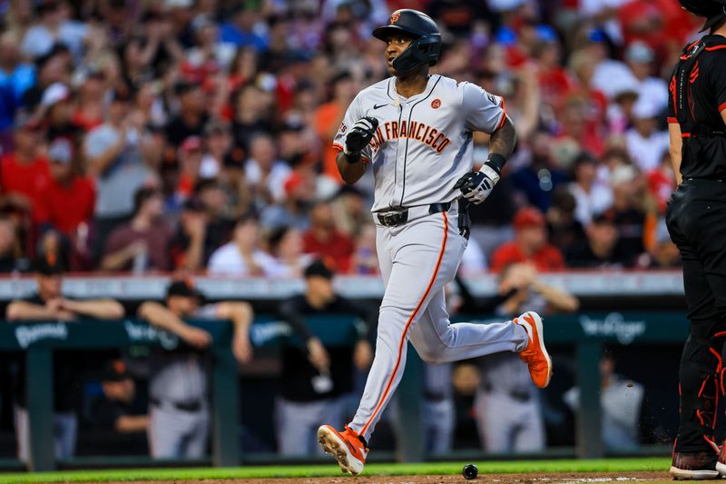 Aug 2, 2024; Cincinnati, Ohio, USA; San Francisco Giants designated hitter Marco Luciano (37) scores on a RBI double hit by shortstop Tyler Fitzgerald (not pictured) in the second inning at Great American Ball Park. Mandatory Credit: Katie Stratman-USA TODAY Sports