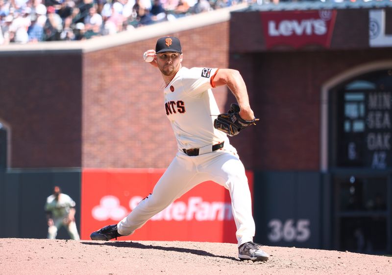 Jun 30, 2024; San Francisco, California, USA; San Francisco Giants relief pitcher Landen Roupp (65) pitches the ball against the Los Angeles Dodgers during the seventh inning at Oracle Park. Mandatory Credit: Kelley L Cox-USA TODAY Sports