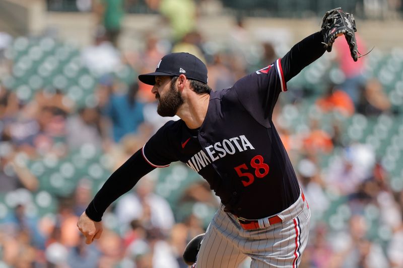 Aug 10, 2023; Detroit, Michigan, USA; Minnesota Twins relief pitcher Dylan Floro (58) pitches in the seventh inning against the Detroit Tigers at Comerica Park. Mandatory Credit: Rick Osentoski-USA TODAY Sports