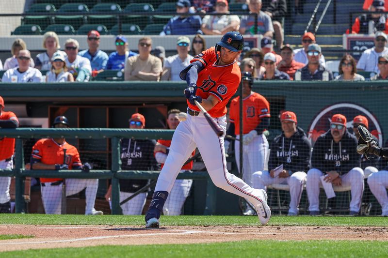 Feb 25, 2026; Lakeland, Florida, USA; Detroit Tigers center fielder Parker Meadows (22) bats during the first inning against the Toronto Blue Jays at Publix Field at Joker Marchant Stadium. Mandatory Credit: Mike Watters-Imagn Images
