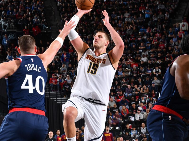 INGLEWOOD, CA - APRIL 26:  Nikola Jokic #15 of the Denver Nuggets shoots the ball during Round One, Game Four of the 2025 NBA Playoffs against the LA Clippers on April 26, 2025 at Intuit Dome in Los Angeles, California. NOTE TO USER: User expressly acknowledges and agrees that, by downloading and/or using this Photograph, user is consenting to the terms and conditions of the Getty Images License Agreement. Mandatory Copyright Notice: Copyright 2025 NBAE (Photo by Juan Ocampo/NBAE via Getty Images)