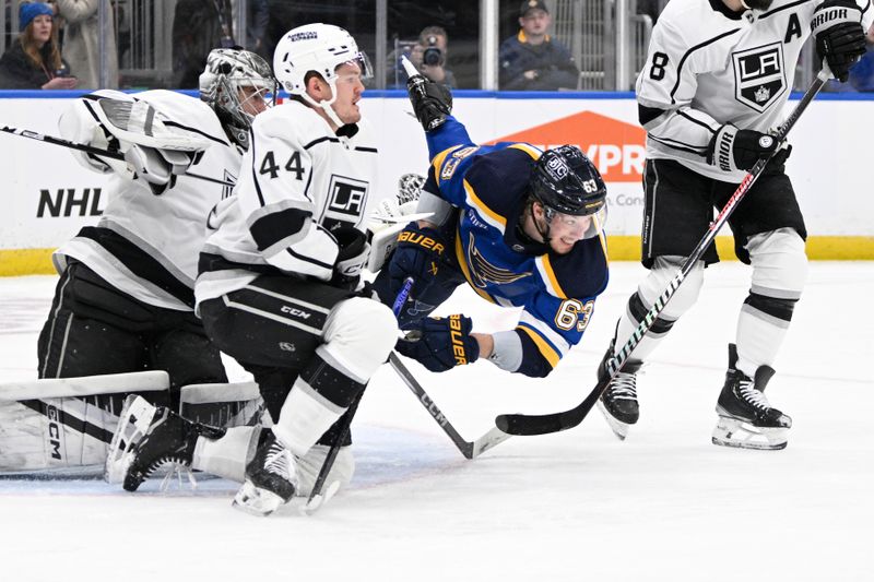 Jan 28, 2024; St. Louis, Missouri, USA; Los Angeles Kings goaltender David Rittich (31) and left wing Viktor Arvidsson (33) defend the net from St. Louis Blues left wing Jake Neighbours (63) during the second period at Enterprise Center. Mandatory Credit: Jeff Le-USA TODAY Sports