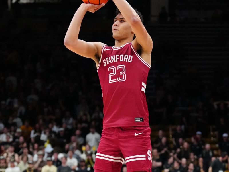 Mar 3, 2024; Boulder, Colorado, USA; Stanford Cardinal forward Brandon Angel (23) shoots the ball in the first half against the Colorado Buffaloes at the CU Events Center. Mandatory Credit: Ron Chenoy-USA TODAY Sports
