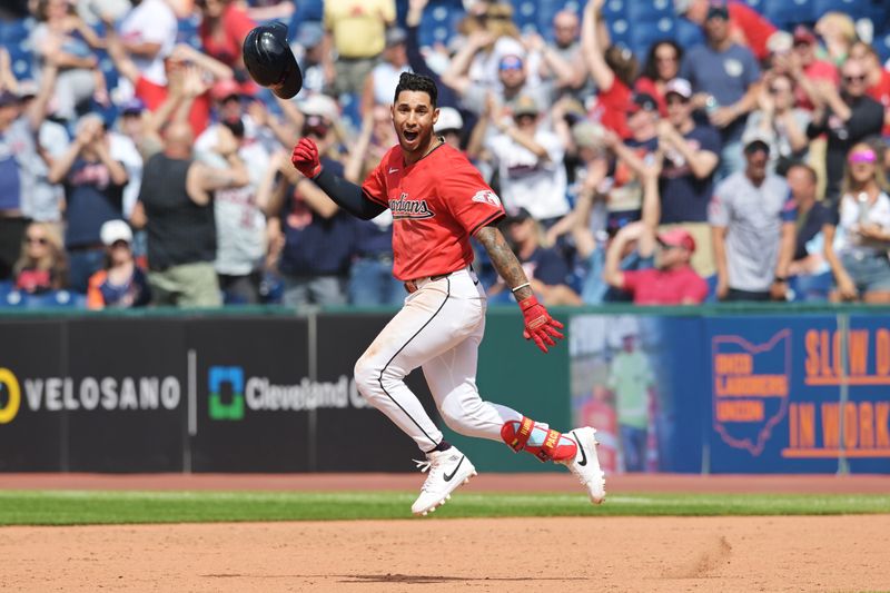 May 8, 2024; Cleveland, Ohio, USA; Cleveland Guardians shortstop Brayan Rocchio (4) celebrates after hitting a game winning RBI single during the tenth inning Detroit Tigers at Progressive Field. Mandatory Credit: Ken Blaze-USA TODAY Sports