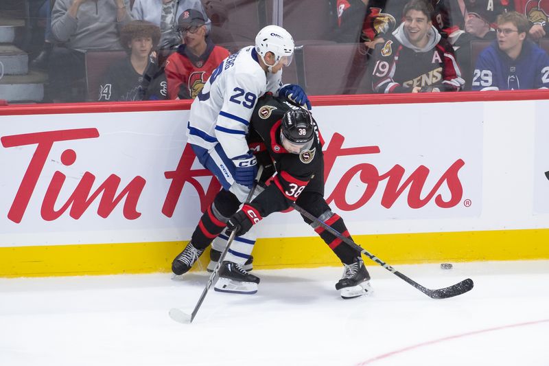 Sep 24, 2024; Ottawa, Ontario, CAN; Ottawa Senators center Zack Ostapchuk (38) defends against Toronto Maple Leafs right wing Pontus Holmberg (29) in the third period at the Canadian Tire Centre. Mandatory Credit: Marc DesRosiers-Imagn Images