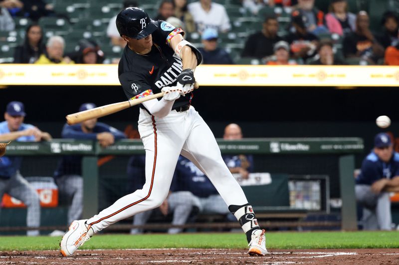 Jun 27, 2025; Baltimore, Maryland, USA; Baltimore Orioles third baseman Coby Mayo (16) hits an RBI double during the second inning against the Tampa Bay Rays at Oriole Park at Camden Yards. Mandatory Credit: Daniel Kucin Jr.-Imagn Images