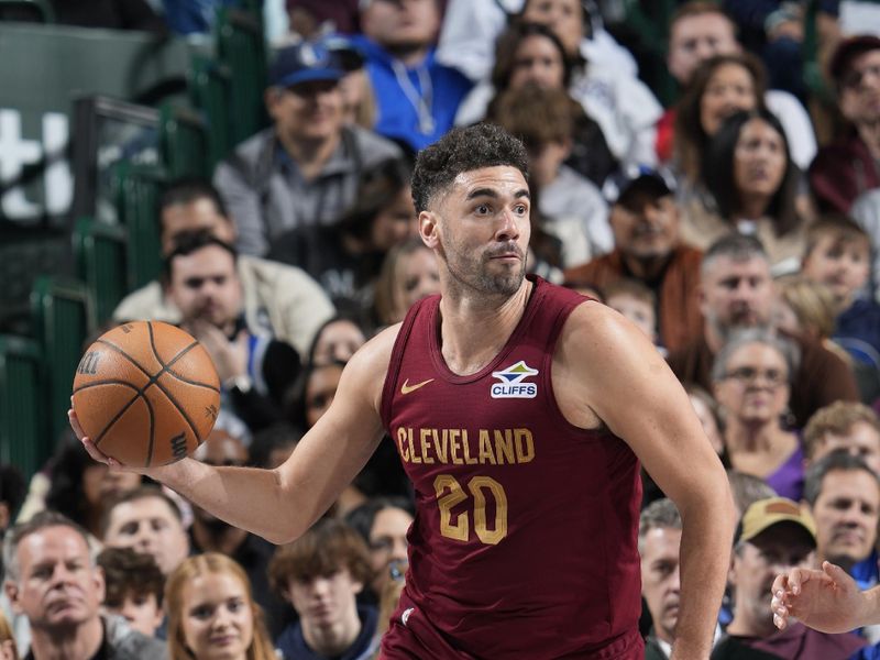 DALLAS, TX - JANUARY 03:  Georges Niang #20 of the Cleveland Cavaliers dribbles the ball during the game against the Dallas Mavericks on January 3, 2025 at American Airlines Center in Dallas, Texas. NOTE TO USER: User expressly acknowledges and agrees that, by downloading and or using this photograph, User is consenting to the terms and conditions of the Getty Images License Agreement. Mandatory Copyright Notice: Copyright 2025 NBAE (Photo by Glenn James/NBAE via Getty Images)