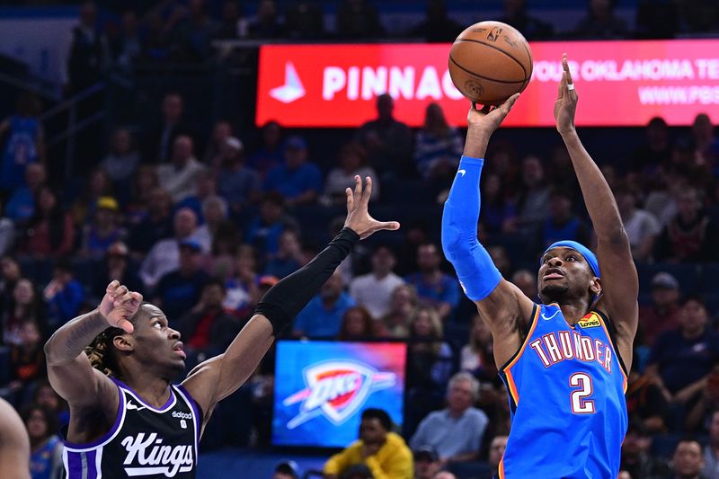 OKLAHOMA CITY, OKLAHOMA - APRIL 9: Shai Gilgeous-Alexander #2 of the Oklahoma City Thunder shoots in the first half against the Sacramento Kings at Paycom Center on April 9, 2024 in Oklahoma City, Oklahoma. NOTE TO USER: User expressly acknowledges and agrees that, by downloading and or using this Photograph, user is consenting to the terms and conditions of the Getty Images License Agreement. (Photo by Joshua Gateley/Getty Images)