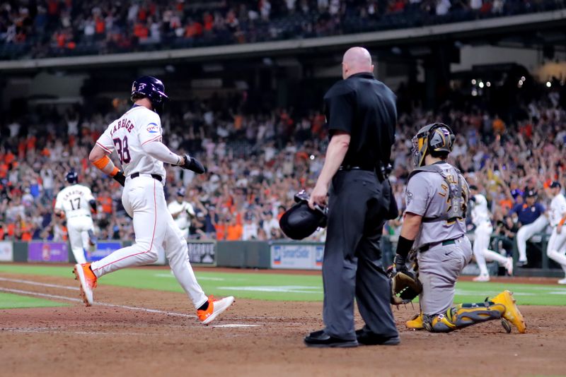 May 14, 2024; Houston, Texas, USA; Houston Astros pinch runner Trey Cabbage (38) crosses home plate to score the game-winning run against the Oakland Athletics during the tenth inning at Minute Maid Park. Mandatory Credit: Erik Williams-USA TODAY Sports