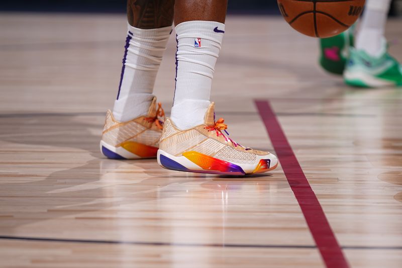 DENVER, CO - MARCH 5: The sneakers worn by Bradley Beal #3 of the Phoenix Suns on March 5, 2024 at the Ball Arena in Denver, Colorado. NOTE TO USER: User expressly acknowledges and agrees that, by downloading and/or using this Photograph, user is consenting to the terms and conditions of the Getty Images License Agreement. Mandatory Copyright Notice: Copyright 2024 NBAE (Photo by Bart Young/NBAE via Getty Images)