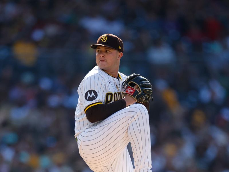 May 27, 2024; San Diego, California, USA; San Diego Padres relief pitcher Adrian Morejon (50) throws a pitch during the sixth inning against the Miami Marlins at Petco Park. Mandatory Credit: David Frerker-USA TODAY Sports