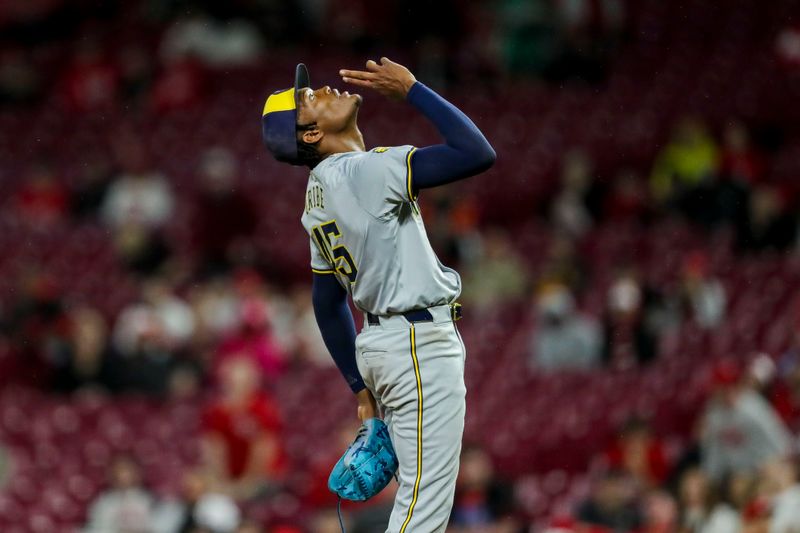 Apr 9, 2024; Cincinnati, Ohio, USA; Milwaukee Brewers pitcher Abner Uribe (45) reacts after the victory over the Cincinnati Reds at Great American Ball Park. Mandatory Credit: Katie Stratman-USA TODAY Sports