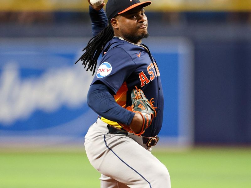 Aug 12, 2024; St. Petersburg, Florida, USA; Houston Astros pitcher Framber Valdez (59) throws a pitchagainst the Tampa Bay Rays in the second inning at Tropicana Field. Mandatory Credit: Nathan Ray Seebeck-USA TODAY Sports