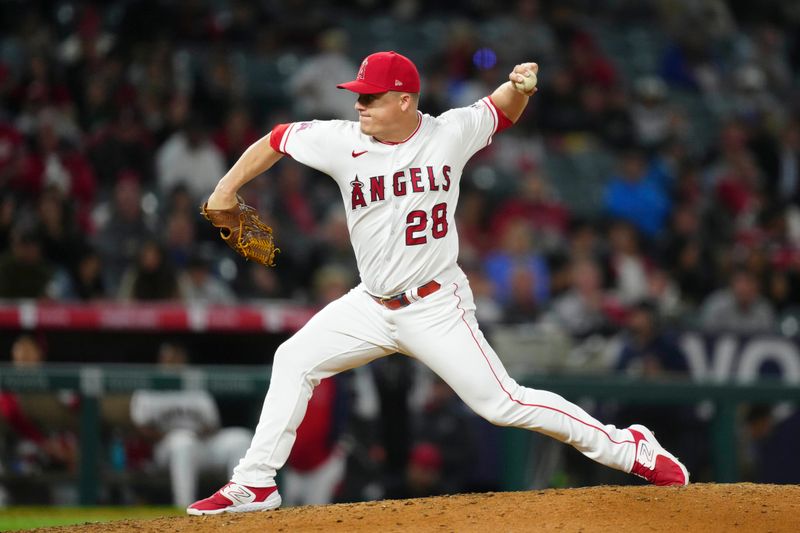 May 24, 2023; Anaheim, California, USA; Los Angeles Angels relief pitcher Aaron Loup (28) throws in the ninth inning against the Boston Red Sox at Angel Stadium. Mandatory Credit: Kirby Lee-USA TODAY Sports