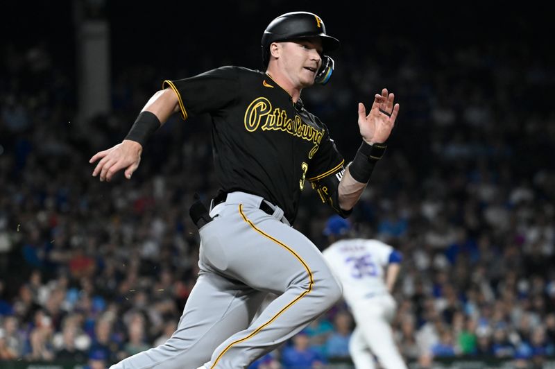 Sep 20, 2023; Chicago, Illinois, USA; Pittsburgh Pirates right fielder Henry Davis (32)  runs to first base  after he hits a two RBI single against the Chicago Cubs during the fourth inning at Wrigley Field. Mandatory Credit: Matt Marton-USA TODAY