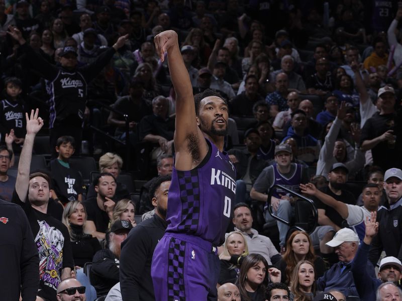 SACRAMENTO, CA - MARCH 16: Malik Monk #0 of the Sacramento Kings shoots the ball during the game against the New York Knicks on March 16, 2024 at Golden 1 Center in Sacramento, California. NOTE TO USER: User expressly acknowledges and agrees that, by downloading and or using this Photograph, user is consenting to the terms and conditions of the Getty Images License Agreement. Mandatory Copyright Notice: Copyright 2024 NBAE (Photo by Rocky Widner/NBAE via Getty Images)