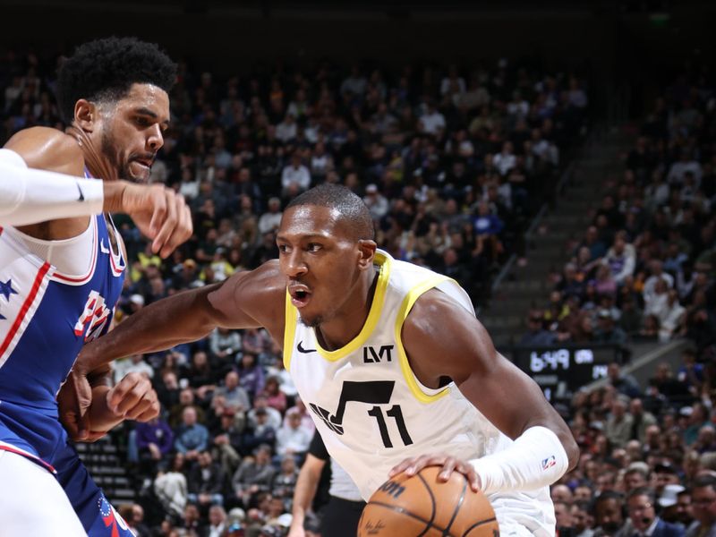 SALT LAKE CITY, UT - FEBRUARY 1: Kris Dunn #11 of the Utah Jazz dribbles the ball during the game against the Philadelphia 76ers on February 1, 2024 at Delta Center in Salt Lake City, Utah. NOTE TO USER: User expressly acknowledges and agrees that, by downloading and or using this Photograph, User is consenting to the terms and conditions of the Getty Images License Agreement. Mandatory Copyright Notice: Copyright 2024 NBAE (Photo by Melissa Majchrzak/NBAE via Getty Images)