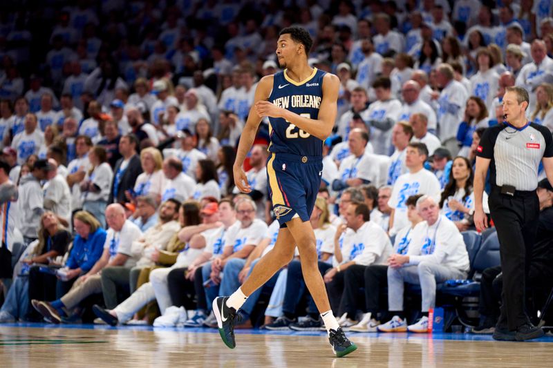 OKLAHOMA CITY, OKLAHOMA - APRIL 21: Trey Murphy III #25 of the New Orleans Pelicans reacts after a play against the Oklahoma City Thunder in game one of the Western Conference First Round Playoffs at the Paycom Center on April 21, 2024 in Oklahoma City, Oklahoma. NOTE TO USER: User expressly acknowledges and agrees that, by downloading and or using this photograph, User is consenting to the terms and conditions of the Getty Images License Agreement.  (Photo by Cooper Neill/Getty Images)