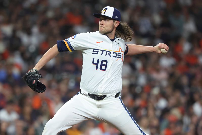 Apr 12, 2025; Houston, Texas, USA; Houston Astros relief pitcher Steven Okert (48) delivers a pitch during the seventh inning against the Los Angeles Angels at Daikin Park. Mandatory Credit: Troy Taormina-Imagn Images