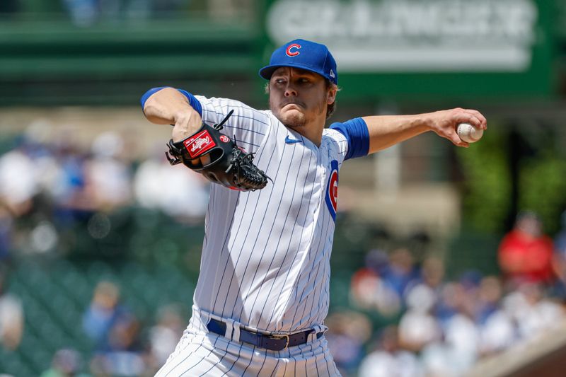 May 5, 2023; Chicago, Illinois, USA; Chicago Cubs starting pitcher Justin Steele (35) pitches against the Miami Marlins during the first inning at Wrigley Field. Mandatory Credit: Kamil Krzaczynski-USA TODAY Sports