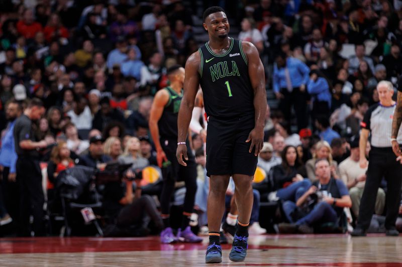 TORONTO, CANADA - MARCH 5: Zion Williamson #1 of the New Orleans Pelicans smiles in the second half of their NBA game against the Toronto Raptors at Scotiabank Arena on March 5, 2024 in Toronto, Canada. NOTE TO USER: User expressly acknowledges and agrees that, by downloading and or using this photograph, User is consenting to the terms and conditions of the Getty Images License Agreement. (Photo by Cole Burston/Getty Images)