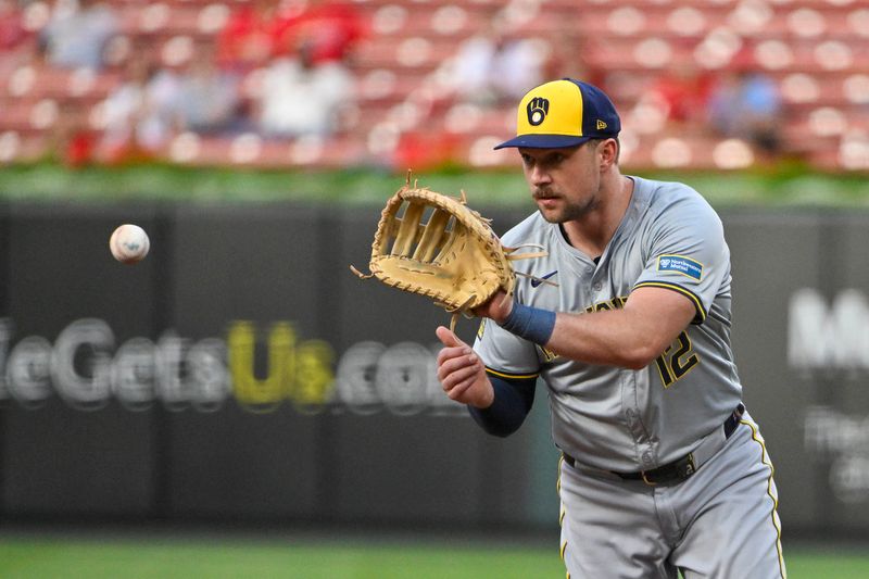 Aug 20, 2024; St. Louis, Missouri, USA;  Milwaukee Brewers first baseman Rhys Hoskins (12) fields a ground ball against the St. Louis Cardinals during the second inning at Busch Stadium. Mandatory Credit: Jeff Curry-USA TODAY Sports