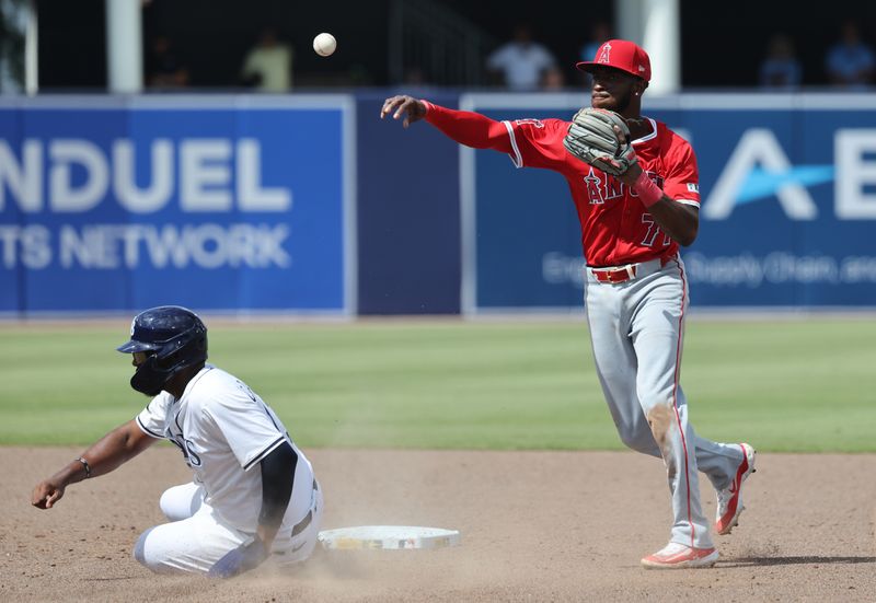 Apr 10, 2025; Tampa, Fl, USA; Los Angeles Angels shortstop Tim Anderson (77) forces out Tampa Bay Rays third base Junior Caminero (13) and throws the ball to first base for a double play during the ninth inning  at George M. Steinbrenner Field. Mandatory Credit: Kim Klement Neitzel-Imagn Images