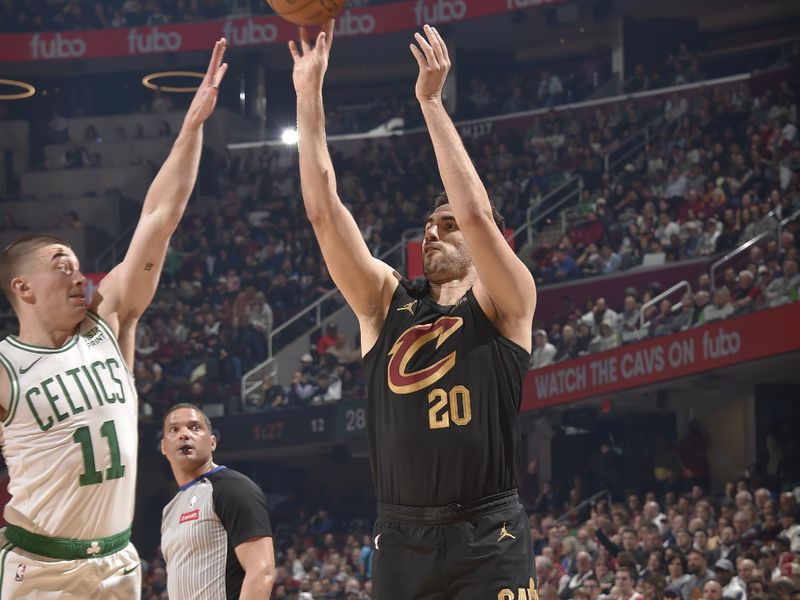 CLEVELAND, OH - MARCH 5: Georges Niang #20 of the Cleveland Cavaliers shoots the ball during the game against the Boston Celtics on March 5, 2024 at Rocket Mortgage FieldHouse in Cleveland, Ohio. NOTE TO USER: User expressly acknowledges and agrees that, by downloading and/or using this Photograph, user is consenting to the terms and conditions of the Getty Images License Agreement. Mandatory Copyright Notice: Copyright 2024 NBAE (Photo by David Liam Kyle/NBAE via Getty Images)