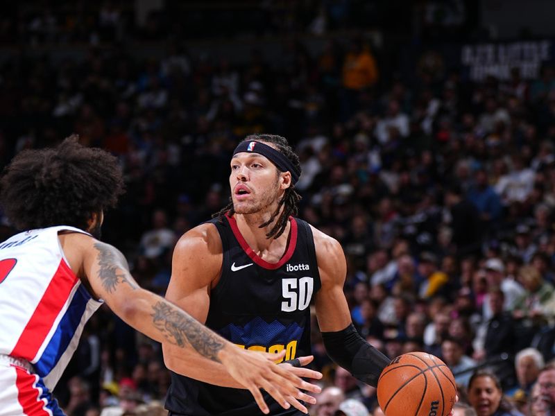 DENVER, CO - JANUARY 7: Aaron Gordon #50 of the Denver Nuggets dribbles the ball during the game against the Detroit Pistons on January 7, 2024 at the Ball Arena in Denver, Colorado. NOTE TO USER: User expressly acknowledges and agrees that, by downloading and/or using this Photograph, user is consenting to the terms and conditions of the Getty Images License Agreement. Mandatory Copyright Notice: Copyright 2024 NBAE (Photo by Garrett Ellwood/NBAE via Getty Images)