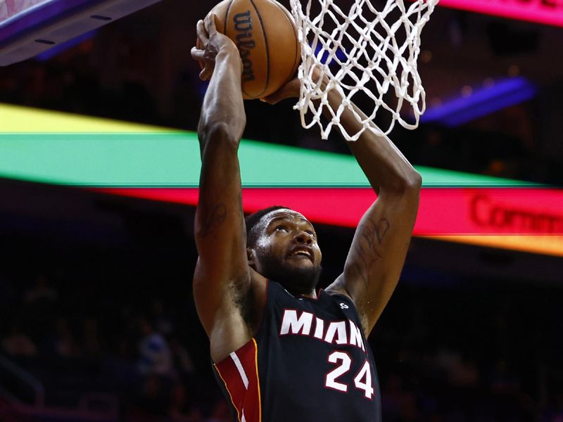 PHILADELPHIA, PA - APRIL 06: Haywood Highsmith #24 of the Miami Heat in action against the Philadelphia 76ers during a game at Wells Fargo Center on April 6, 2023 in Philadelphia, Pennsylvania. The Heat defeated the 76ers 129-101. NOTE TO USER: User expressly acknowledges and agrees that, by downloading and or using this photograph, User is consenting to the terms and conditions of the Getty Images License Agreement. (Photo by Rich Schultz/Getty Images)