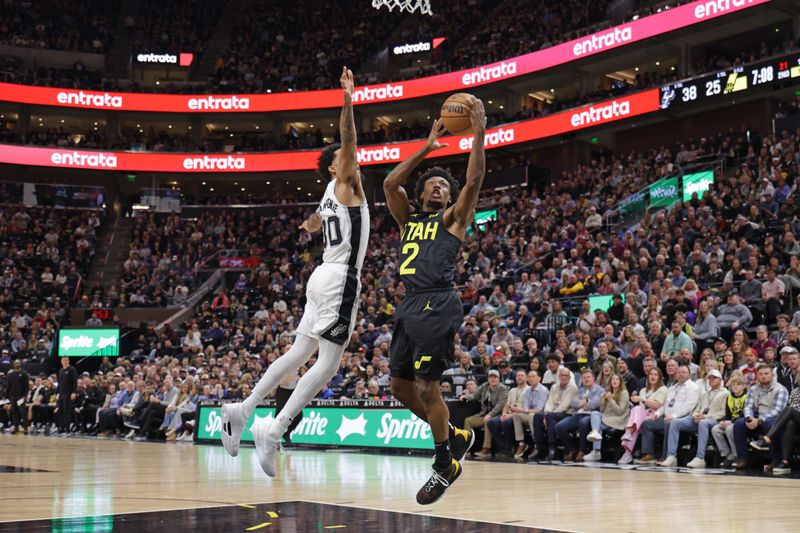 SALT LAKE CITY, UT - MARCH 27: Colin Sexton #2 of the Utah Jazz drives to the basket during the game against the San Antonio Spurs on March 27, 2024 at Delta Center in Salt Lake City, Utah. NOTE TO USER: User expressly acknowledges and agrees that, by downloading and or using this Photograph, User is consenting to the terms and conditions of the Getty Images License Agreement. Mandatory Copyright Notice: Copyright 2024 NBAE (Photo by Chris Nicoll/NBAE via Getty Images)