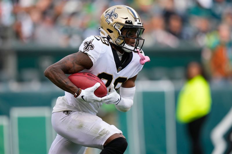 New Orleans Saints Rashid Shaheed (89) returns a kickoff in the second half of an NFL football game against the Philadelphia Eagles in Philadelphia, Sunday, Jan. 1, 2023. (AP Photo/Matt Slocum)