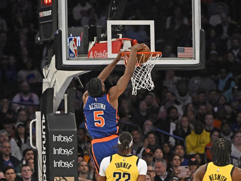 NEW YORK, NY - FEBRUARY 10: Precious Achiuwa #5 of the New York Knicks dunks the ball during the game against the Indiana Pacers on February 10, 2024 at Madison Square Garden in New York City, New York.  NOTE TO USER: User expressly acknowledges and agrees that, by downloading and or using this photograph, User is consenting to the terms and conditions of the Getty Images License Agreement. Mandatory Copyright Notice: Copyright 2024 NBAE  (Photo by David Dow/NBAE via Getty Images)