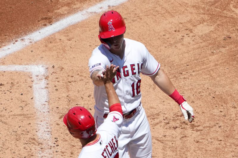 Jul 2, 2023; Anaheim, California, USA; Los Angeles Angels left fielder Mickey Moniak (16) celebrates with shortstop David Fletcher (22) after hitting a three-run home run in the second inning against the Arizona Diamondbacks at Angel Stadium. Mandatory Credit: Kirby Lee-USA TODAY Sports