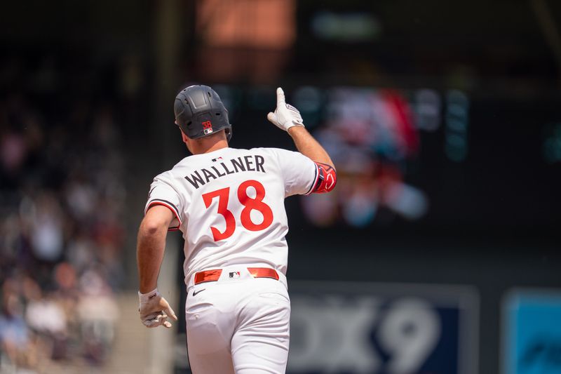 Jun 7, 2025; Minneapolis, Minnesota, USA; Minnesota Twins outfielder Matt Wallner (38) celebrates hitting a home run off Toronto Blue Jays starting pitcher Kevin Gausman (34) in the sixth inning at Target Field. Mandatory Credit: Matt Blewett-Imagn Images