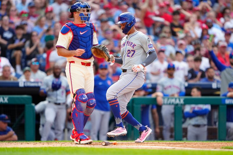 Sep 14, 2024; Philadelphia, Pennsylvania, USA; New York Mets third baseman Mark Vientos (27) scores a run on an error by the Philadelphia Phillies during the third inning at Citizens Bank Park. Mandatory Credit: Gregory Fisher-Imagn Images