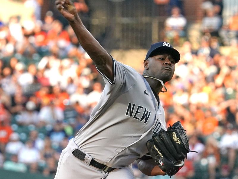 Jul 30, 2023; Baltimore, Maryland, USA; New York Yankees pitcher Luis Severino (40) delivers in the first inning against the Baltimore Orioles at Oriole Park at Camden Yards. Mandatory Credit: Mitch Stringer-USA TODAY Sports