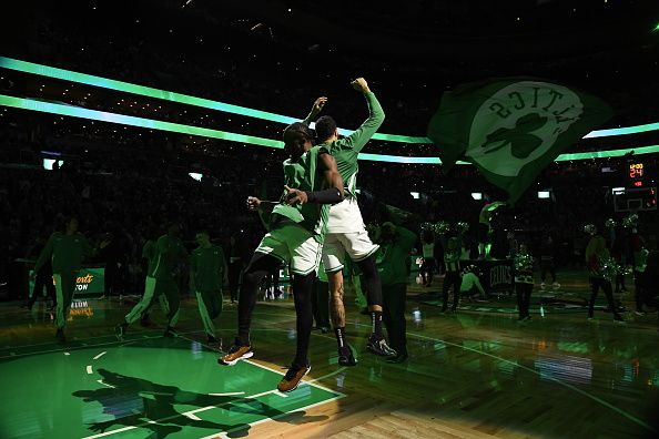 BOSTON, MA - DECEMBER 17: Jaylen Brown #7 and Jayson Tatum #0 of the Boston Celtics are introduced before the game against the Orlando Magic on December 17, 2023 at the TD Garden in Boston, Massachusetts. NOTE TO USER: User expressly acknowledges and agrees that, by downloading and or using this photograph, User is consenting to the terms and conditions of the Getty Images License Agreement. Mandatory Copyright Notice: Copyright 2023 NBAE  (Photo by Brian Babineau/NBAE via Getty Images)