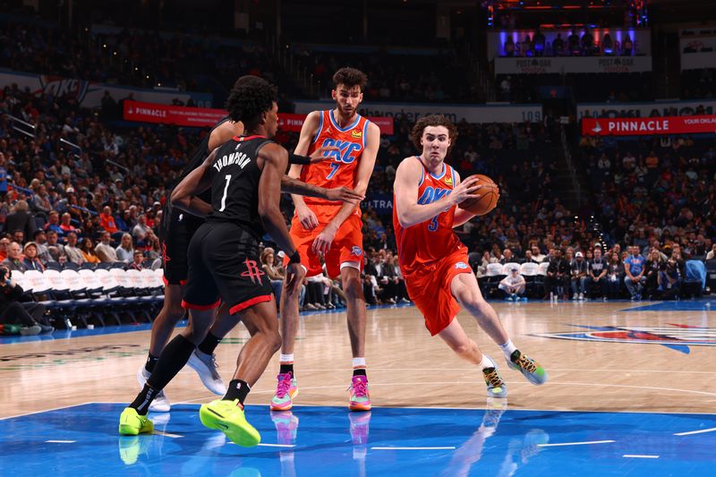 OKLAHOMA CITY, OK - MARCH 27:  Josh Giddey #3 of the Oklahoma City Thunder drives to the basket during the game against the Houston Rockets on March 27, 2024 at Paycom Arena in Oklahoma City, Oklahoma. NOTE TO USER: User expressly acknowledges and agrees that, by downloading and or using this photograph, User is consenting to the terms and conditions of the Getty Images License Agreement. Mandatory Copyright Notice: Copyright 2024 NBAE (Photo by Zach Beeker/NBAE via Getty Images)