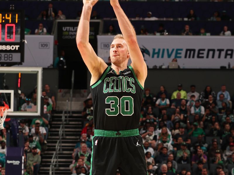 CHARLOTTE, NC - NOVEMBER 2: Sam Hauser #30 of the Boston Celtics three point basket during the game against the Charlotte Hornets on November 2, 2024 at Spectrum Center in Charlotte, North Carolina. NOTE TO USER: User expressly acknowledges and agrees that, by downloading and or using this photograph, User is consenting to the terms and conditions of the Getty Images License Agreement. Mandatory Copyright Notice: Copyright 2024 NBAE (Photo by Kent Smith/NBAE via Getty Images)