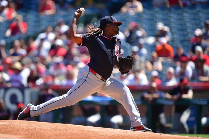 Apr 6, 2025; Anaheim, California, USA; Cleveland Guardians pitcher Luis L. Ortiz (45) throws against the Los Angeles Angels during the first inning at Angel Stadium. Mandatory Credit: Gary A. Vasquez-Imagn Images