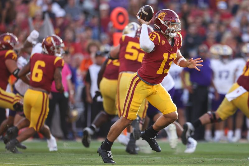 Nov 4, 2023; Los Angeles, California, USA; USC Trojans quarterback Caleb Williams (13) throws the ball during the first quarter against the Washington Huskies at United Airlines Field at Los Angeles Memorial Coliseum. Mandatory Credit: Jessica Alcheh-USA TODAY Sports