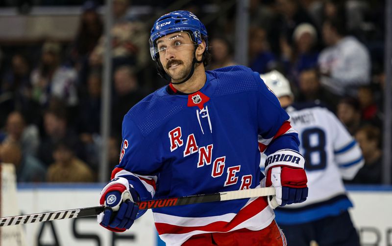 Mar 19, 2024; New York, New York, USA; New York Rangers center Vincent Trocheck (16) reacts to a call against the Winnipeg Jets during the first period at Madison Square Garden. Mandatory Credit: Danny Wild-USA TODAY Sports