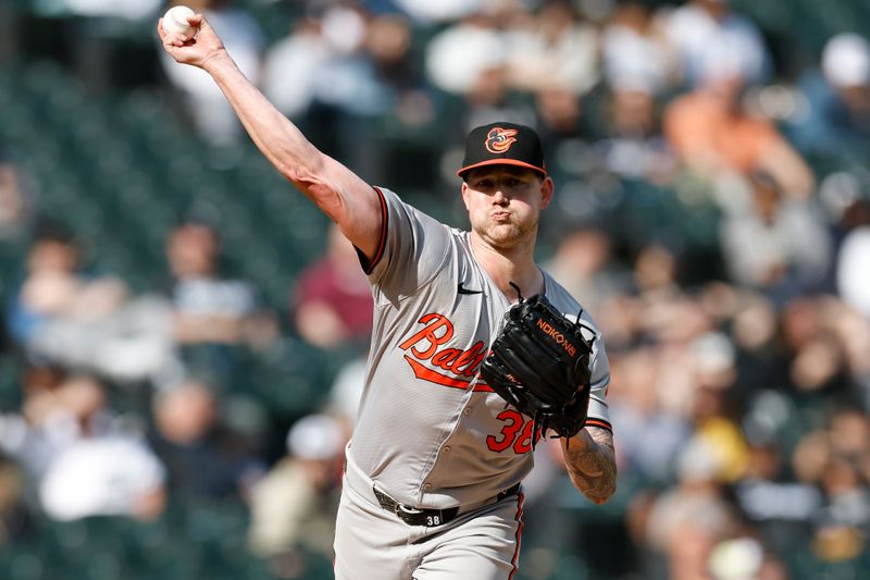 May 26, 2024; Chicago, Illinois, USA; Baltimore Orioles starting pitcher Kyle Bradish (38) throws to a first base against the Chicago White Sox during the seventh inning at Guaranteed Rate Field. Mandatory Credit: Kamil Krzaczynski-USA TODAY Sports