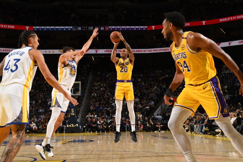 SAN FRANCISCO, CA - OCTOBER 18: Maxwell Lewis #20 of the Los Angeles Lakers shoots the ball during the game against the Golden State Warriors during a NBA Preseason game on October 18, 2024 at Chase Center in San Francisco, California. NOTE TO USER: User expressly acknowledges and agrees that, by downloading and or using this photograph, user is consenting to the terms and conditions of Getty Images License Agreement. Mandatory Copyright Notice: Copyright 2024 NBAE (Photo by Noah Graham/NBAE via Getty Images)