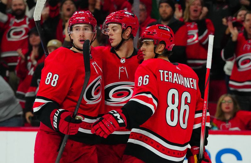 Nov 26, 2023; Raleigh, North Carolina, USA; Carolina Hurricanes center Jesperi Kotkaniemi (82) celebrates his goal with center Martin Necas (88) and left wing Teuvo Teravainen (86) against the Columbus Blue Jackets during the third period at PNC Arena. Mandatory Credit: James Guillory-USA TODAY Sports