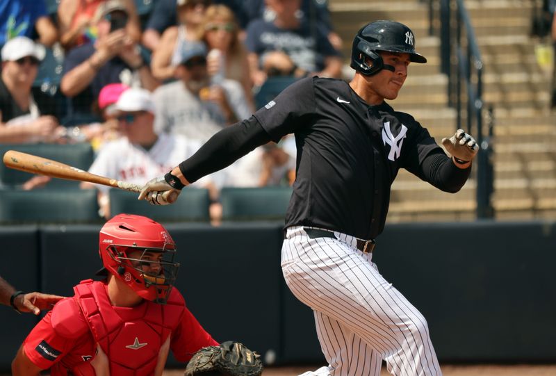 Mar 13, 2024; Tampa, Florida, USA; New York Yankees first baseman Anthony Rizzo (48) singles during the fourth inning against the Boston Red Sox at George M. Steinbrenner Field. Mandatory Credit: Kim Klement Neitzel-USA TODAY Sports